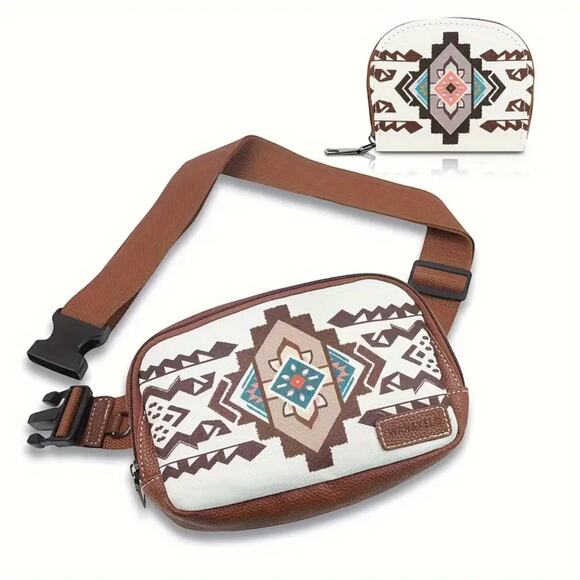 Aztec Print Crossbody Bag Set Canvas White Brown 2pc Western Style NWT Boho - Picture 5 of 6
